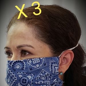 3 BLUE BANDANA PRINT FACE MASKS